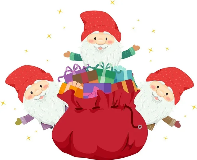 Illustration colorée montrant trois elfes de Noël joyeux entourant un grand sac rouge rempli de cadeaux multicolores.