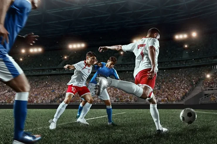 Match de football intense avec des joueurs en pleine action dans un grand stade éclairé, mettant en valeur la compétition sportive.