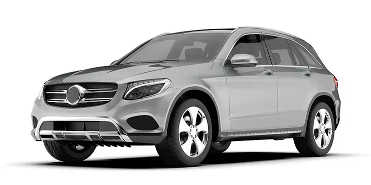 Un SUV gris métallisé moderne, vu de face, avec un design élégant et des lignes épurées.
