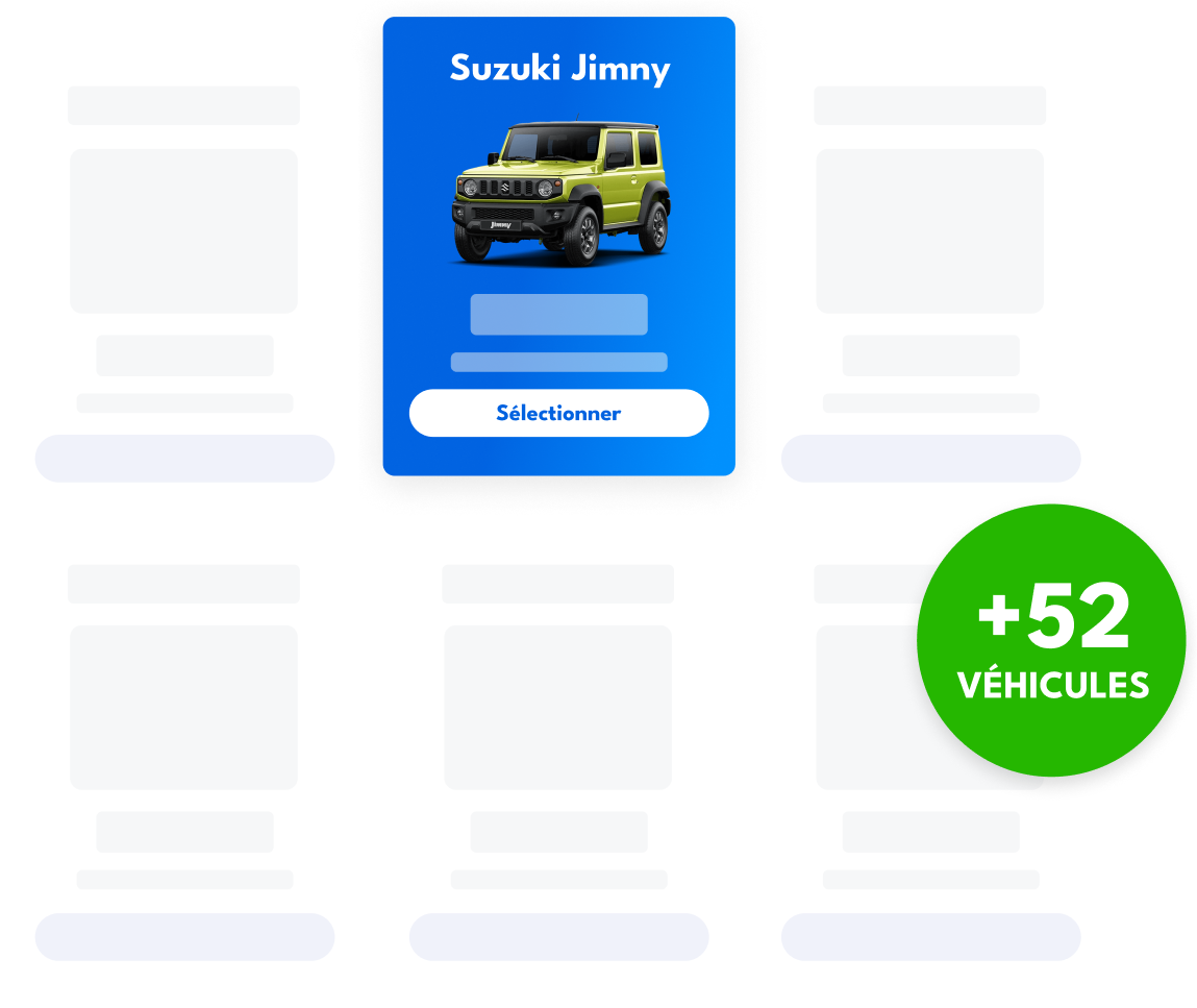 Un Suzuki Jimny mis en avant parmi une flotte de voitures de location, avec un badge vert indiquant 52 véhicules supplémentaires disponibles à la réservation.