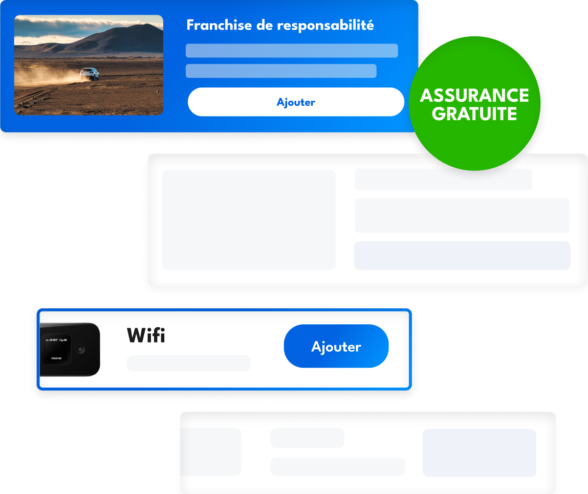 Options supplémentaires pour la location de voiture en Islande, incluant une assurance responsabilité gratuite et un point d’accès Wi-Fi pour un road trip en toute tranquillité.