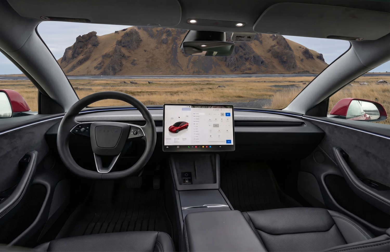 Tesla Model 3 blanche, berline électrique avec boîte automatique, GPS, caméra de recul, sièges chauffants et 5 places pour voyager en Islande.