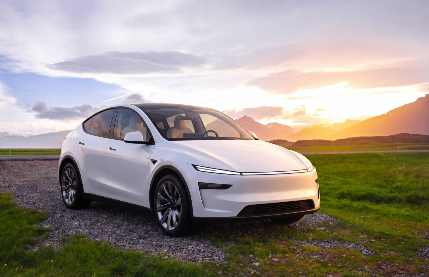 Tesla Model Y bleu, SUV électrique avec boîte automatique, GPS, caméra de recul, sièges chauffants et espace pour 5 passagers et 2 bagages en Islande.